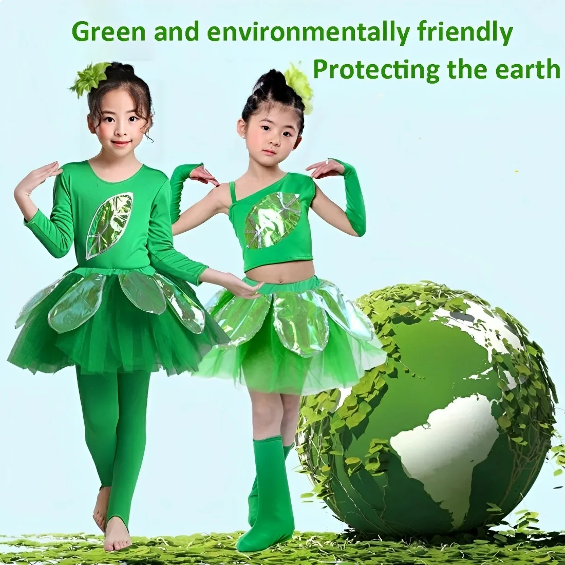 

Green Leaves Performing Forest Conservation Movement Costumes Low Carbon Environmental Clothing Set Children's Grass Dance Dress