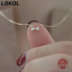 LGKGL 925 Sterling Silver Romantic 14k Gold Plated Shiny Zircon Bow Love Chain Necklace for Women Teen Charming Party Jewelry