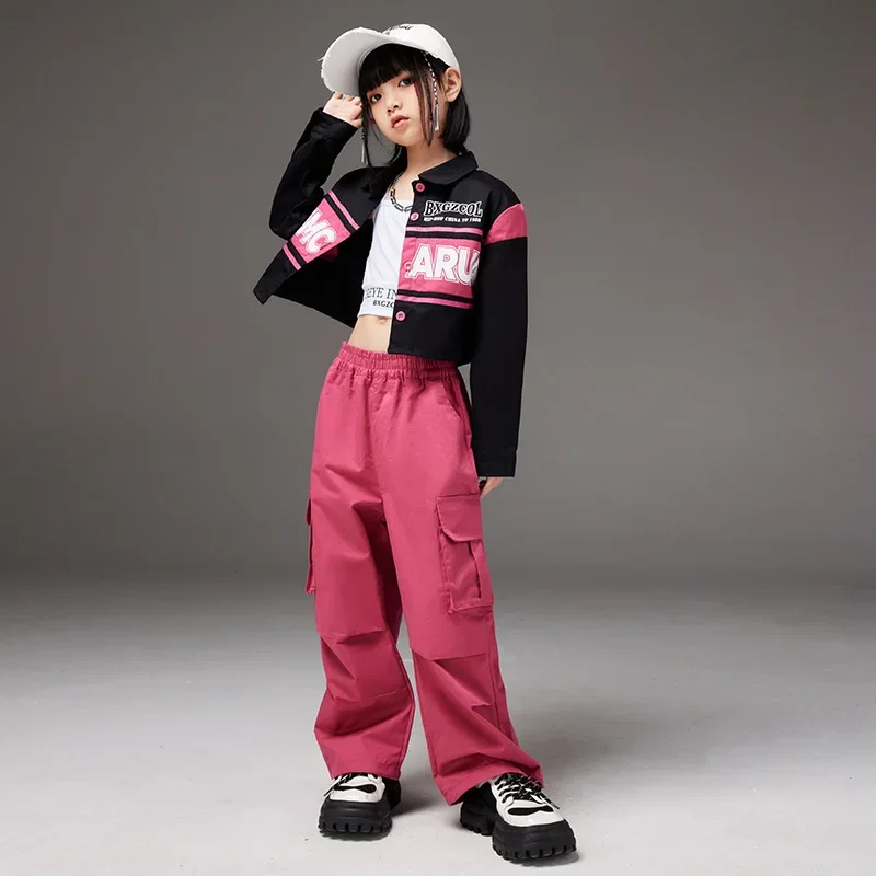 Girls Jazz Modern Dance Costumes Letter Print Patchwork Jacket Elasticated Waist Cargo Pants 2pcs  Model Catwalk Hip-hop Outfits