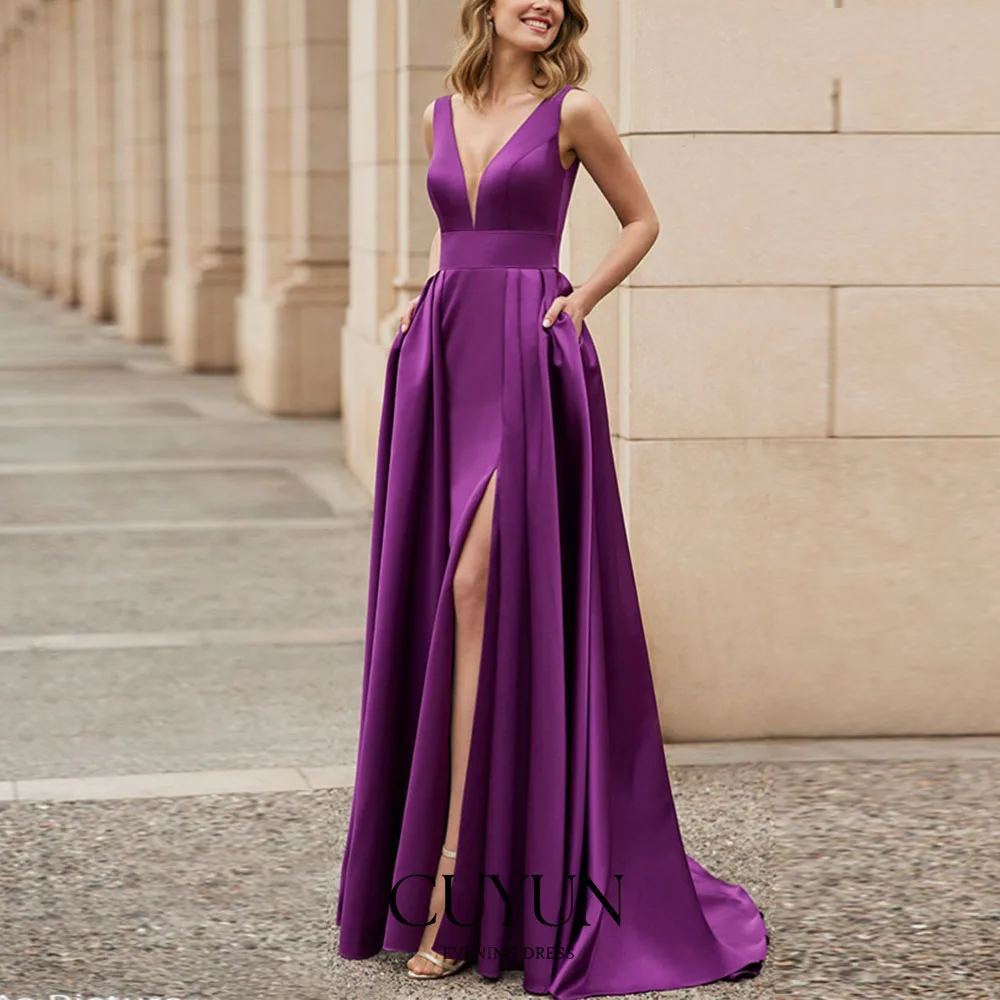 

CUYUN Purple Satin Elegant Evening Gown with Pocket High Slit V-Neck Sleeveless Long Prom Dresses Customized Wedding Guest Dress
