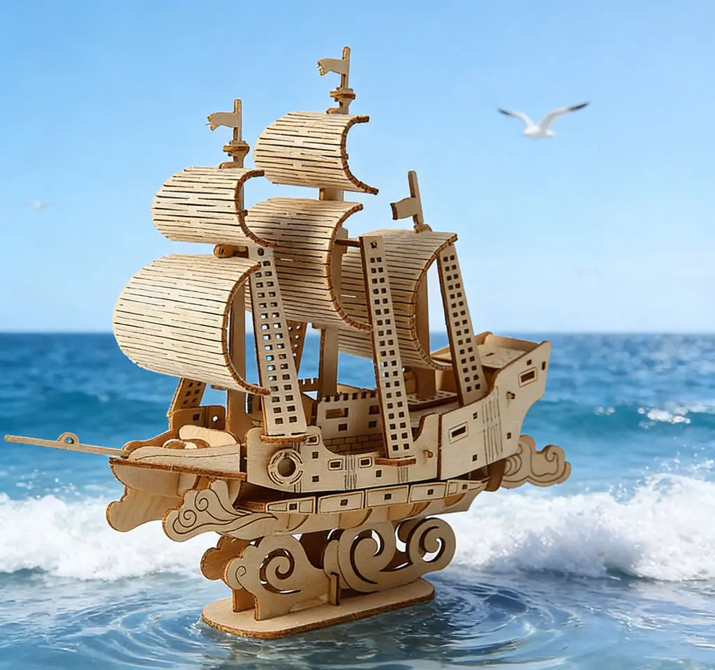 New Arrival 3D Wooden Pirate Ship Puzzle- DIY Handmade Ocean Sailboat Model, Educational Kids' Toy & Creative Desktop Decor Gift