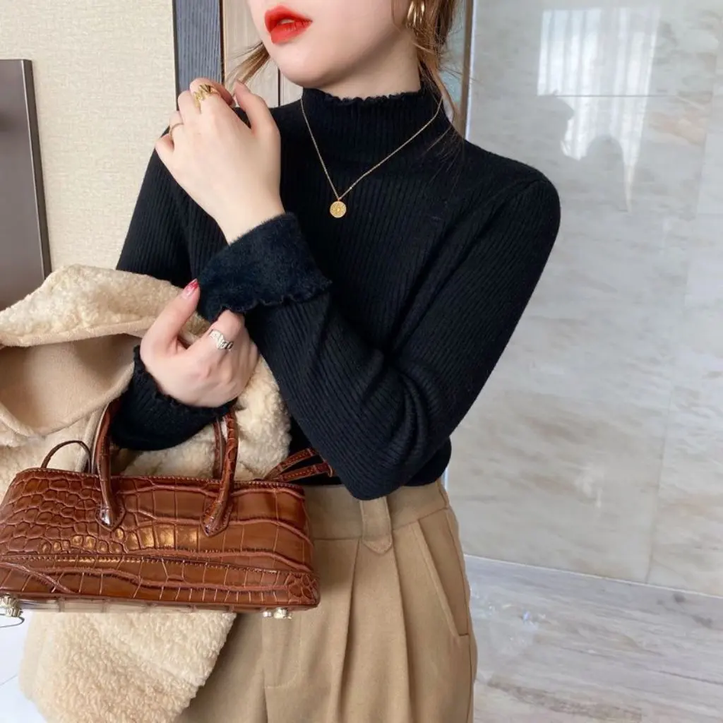 

Женский цельный кашемировый свитер, утолщенная зимняя рубашка с флисовой подкладкой и воротником-стойкой, осенний дизайн с деревянными ушками в западном стиле