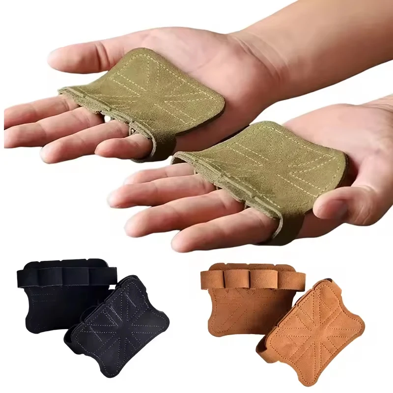 1 Pair Square Cowhide Weightlifting Training Glove 4-Finger Palm Protection Fitness Weightlifting Pull-Up Anti Slip Wear Gloves