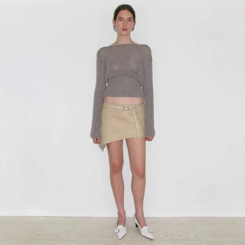 

ay One-oulder Knitted Top Slimming Waist Design Baring Clavicle Base Layer Commute Suitable Ladies' T-irt V-ne Long S...