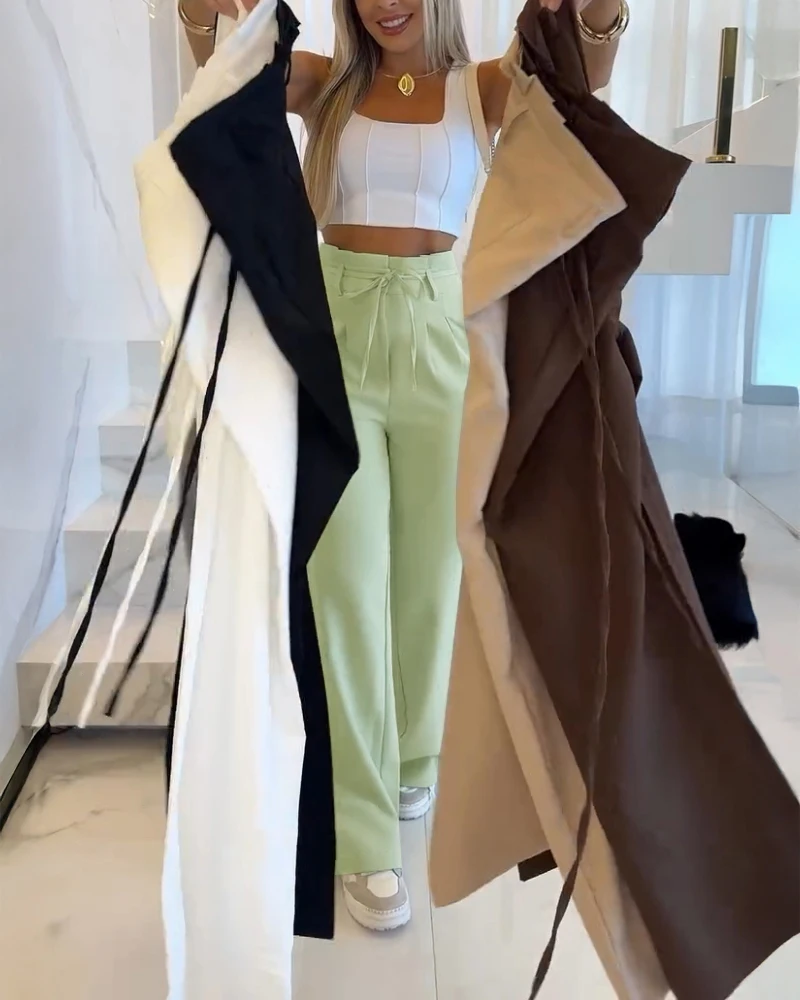 

Women Fashion High Waist Pants Temperament Commuting Summer 2025 New Tied Detail Zipper Fly Pleated Wide Leg Pants with Pockets