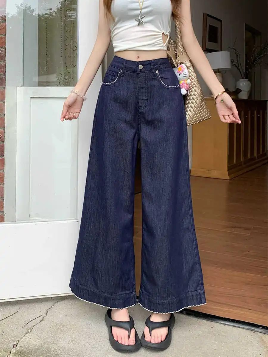 

Plus Size Vintage Dark Blue Women Denim Pants Summer Thin High Waist Loose Long Pant Lady Wide Leg Jeans Trousers