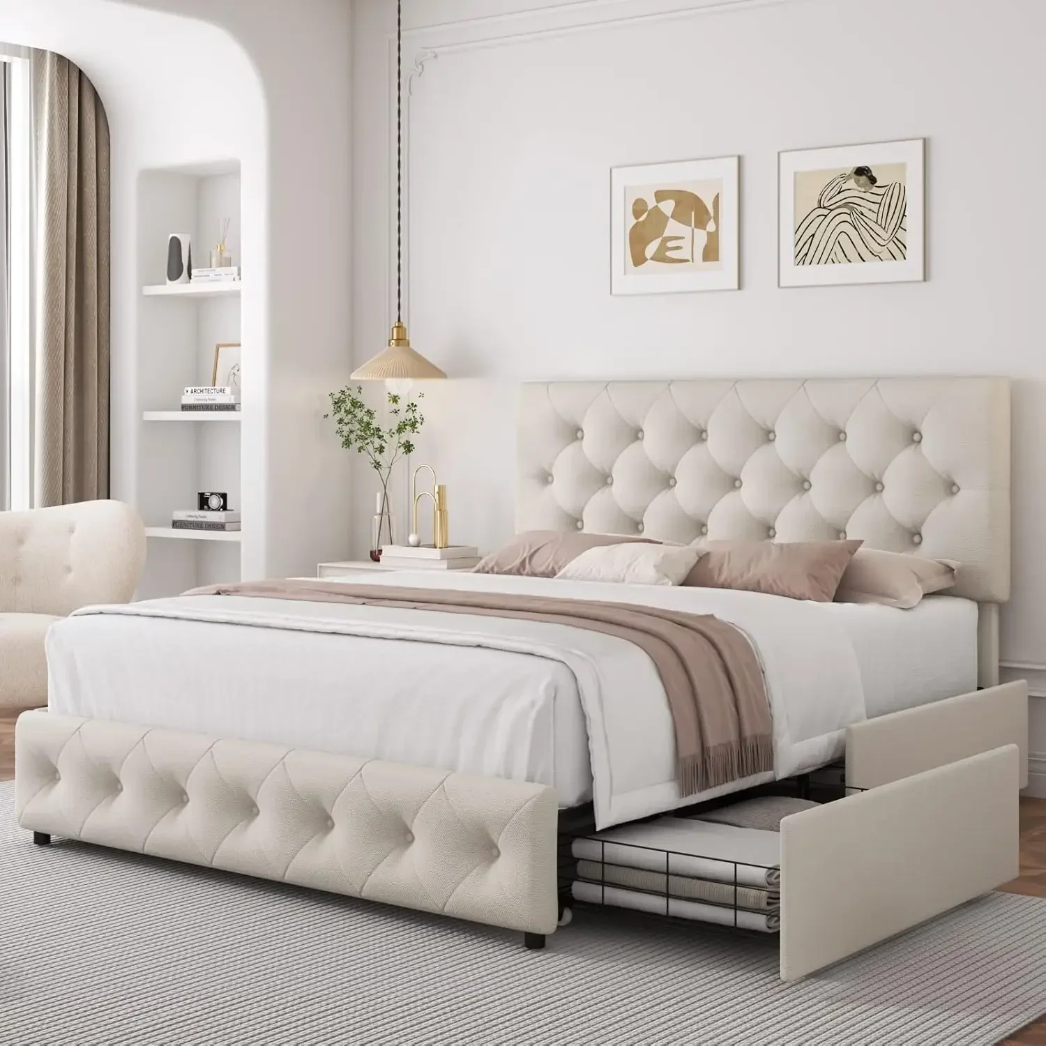 Queen Bed Frame with 4 Storage Drawers and Adjustable Headboard Upholstered Platform Bed with Button Tufted Design Fabric Cream