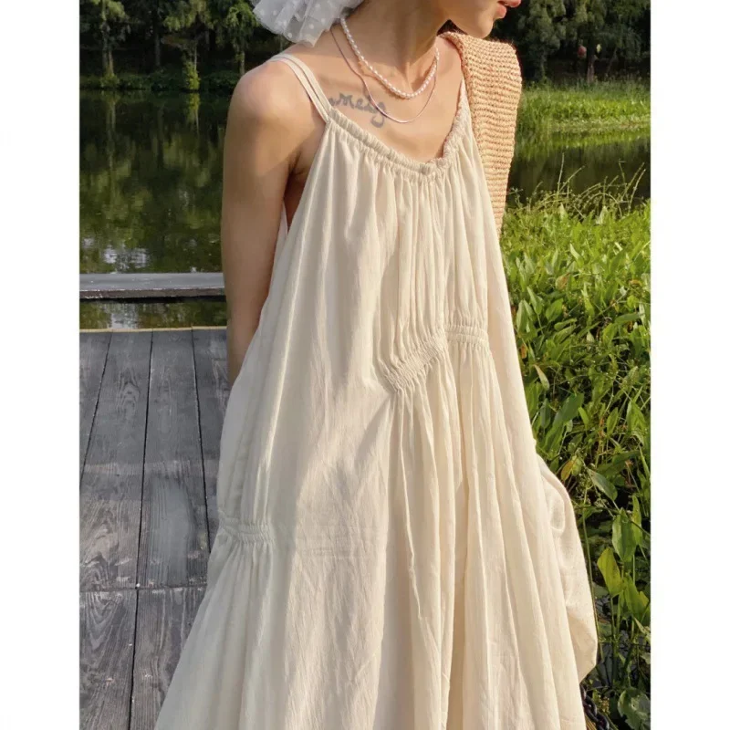 Summer Temperament French Casual Fashion Lazy Wind Loose Sling Dress Women Retro Long Skirt Holiday Seaside Beach Dress