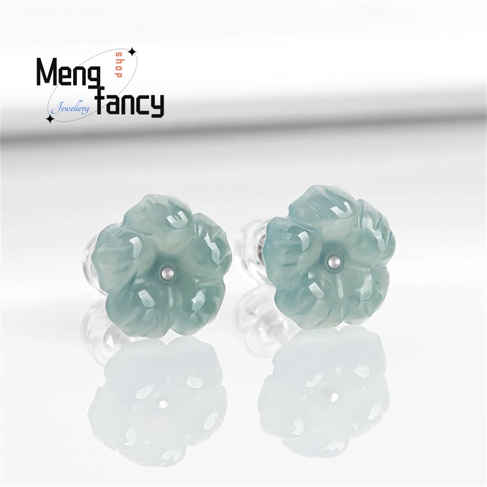 Original Natural A-goods Jadeite Blue Water Peach Blossom Earrings Icy Jade Petals S925 Silver Inlaid Ancient Style Fine Jewelry