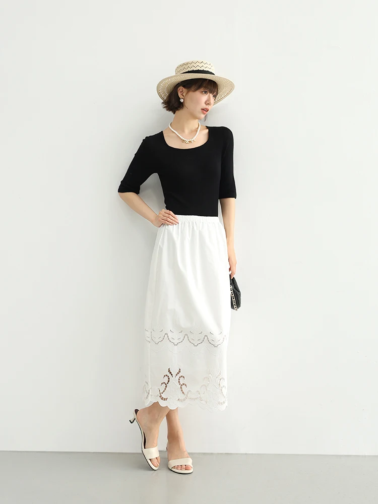 

Ele Hollow out Embroidery Skirt Heavy Work Casual Straight Leg Cotton Blend High Waist Ci Commute Ba Split Women