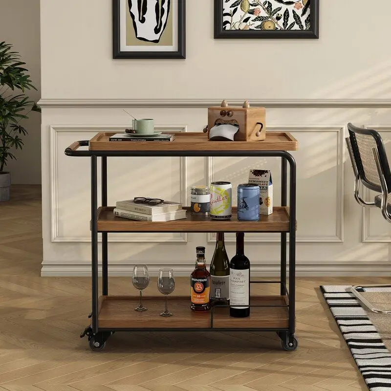 American solid wood dining car Home kitchen Retro mobile trolley Wine cart Hotel restaurant Food truck Shelf