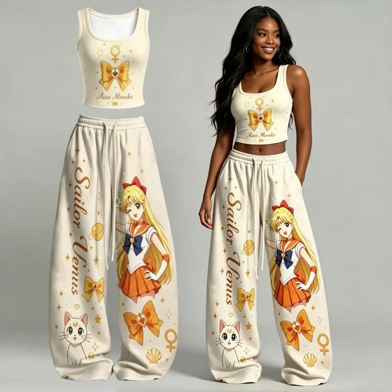 Men/Women Sailor Moon 2 Piece Outfits Tank Top Wide Leg Pants Sets Anime Print Vest Trousers Y2K Streetwear Matching Tracksuit