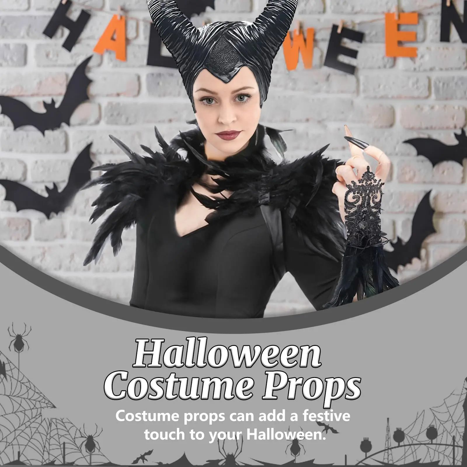 Costume de corbeau d'halloween pour femmes, 3 pièces, avec cornes, manches cape en plumes noires, accessoires de tenues pour adultes, accessoires de Cosplay