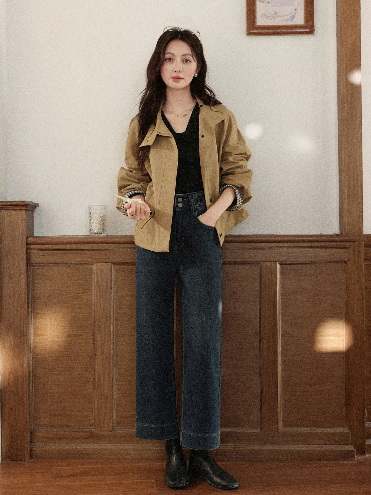 

ALXNAN Blue Straight Jeans Vintage High-waist Wide-leg Baggy Pants Women's Cotton Office Lady Loose-fit Trousers Female L57585