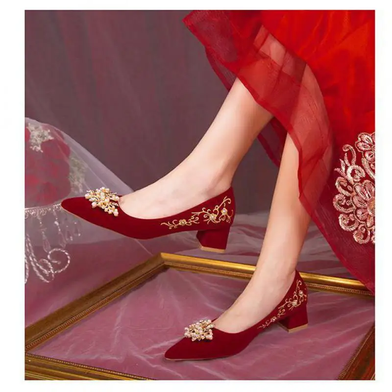 34-40 Women High Heels Pumps Spring Autumn Ladies Platform Wedding Shoes Female Chunky Pointed Toe Chinese Style Red Zapatos Y51