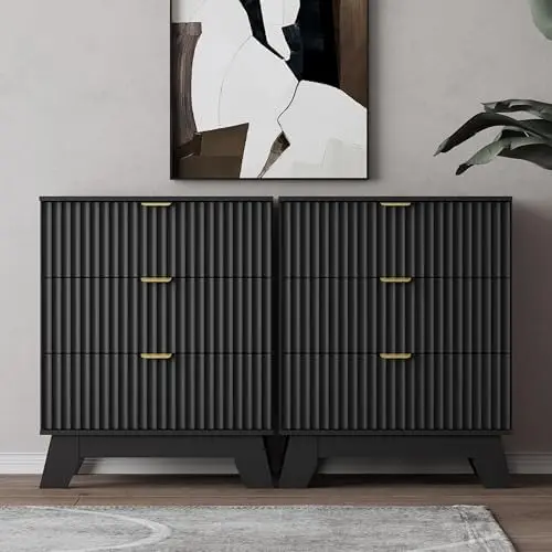 Night Stand Set 2, Bedside Table & End Table, Mid Century Modern Fluted Wood Nightstand with 3 Drawers & Metal Handles
