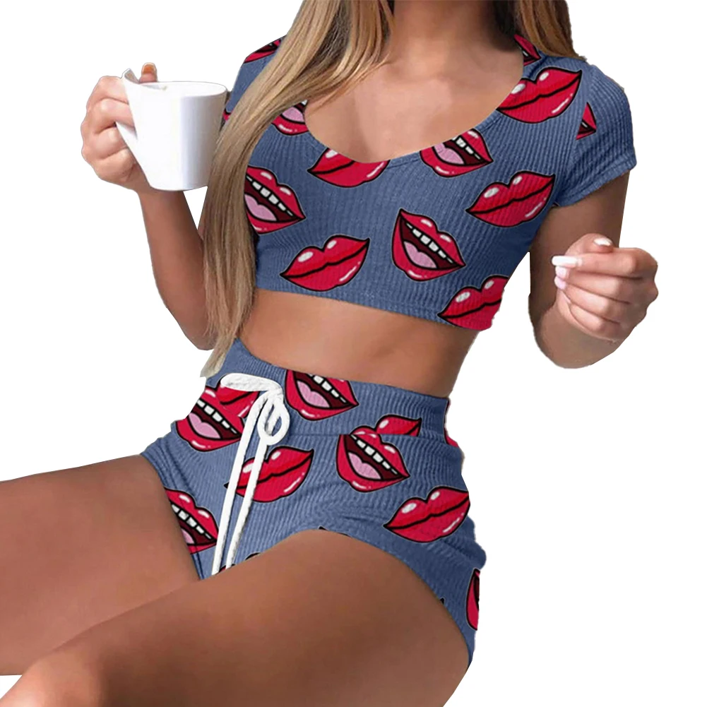 Sleepwear Women Lingerie Set All Season Daily Homewear Lips Print Pajamas Polyester Regular Slightly Stretched Lingerie