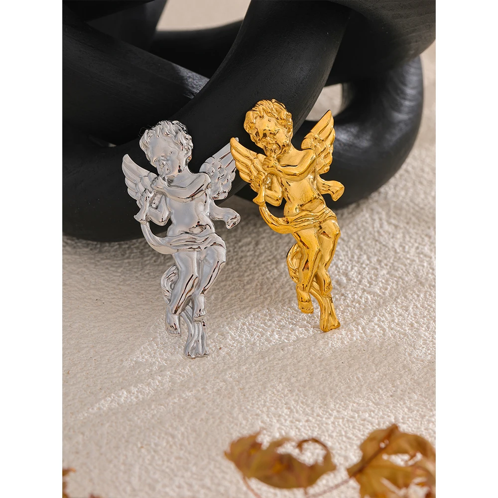 Yhpup 316L Stainless Steel Metal Angel Blow Horn Brooch Pin for Women Individualistic Clothing Accessories Gift Chic Jewelry