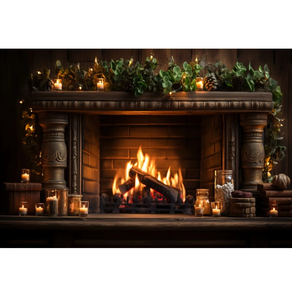 Fireplace Fire Backdrop Burning Flame Brick Wall Christmas Baby Portrait Family Party Decoration Photography Background Banner