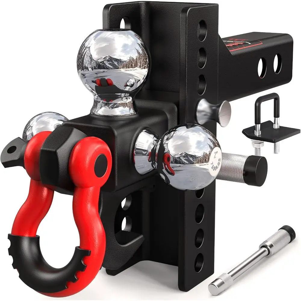 

2 Receiver Adjustable Tri-Ball Hitch, 4.5 Drop/Rise, Triple Balls, 10,000 lbs GTW, 1,000 lbs TW, Pin Lock & Hitch Tightener