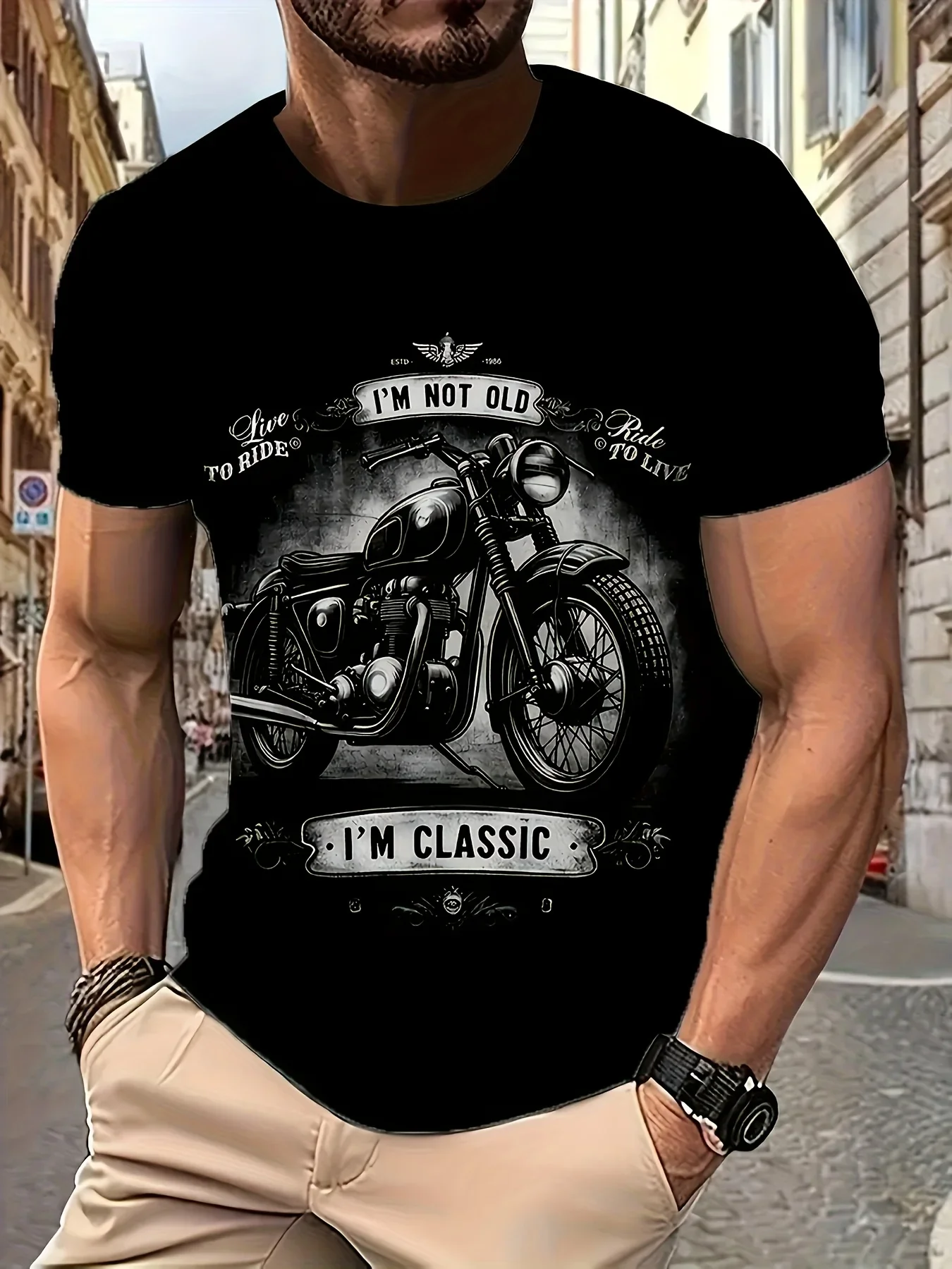 [Print Design - Not Texture] Men'S Retro Style Motorcycle Pattern Print Short Sleeve Round Neck T-Shirt, Fashionable Summer Top for Outdoor Activities
