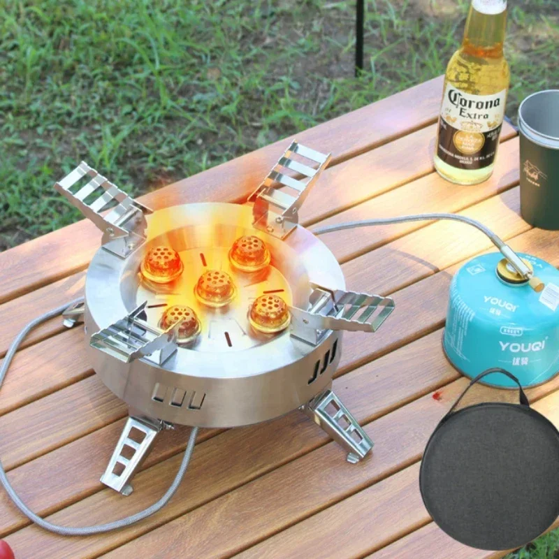 Extra Large Power Gas Stove Outdoor Camping Wind Protection Stove Portable Folding Picnic Cooking Heater 5 Headed Oven Equipment