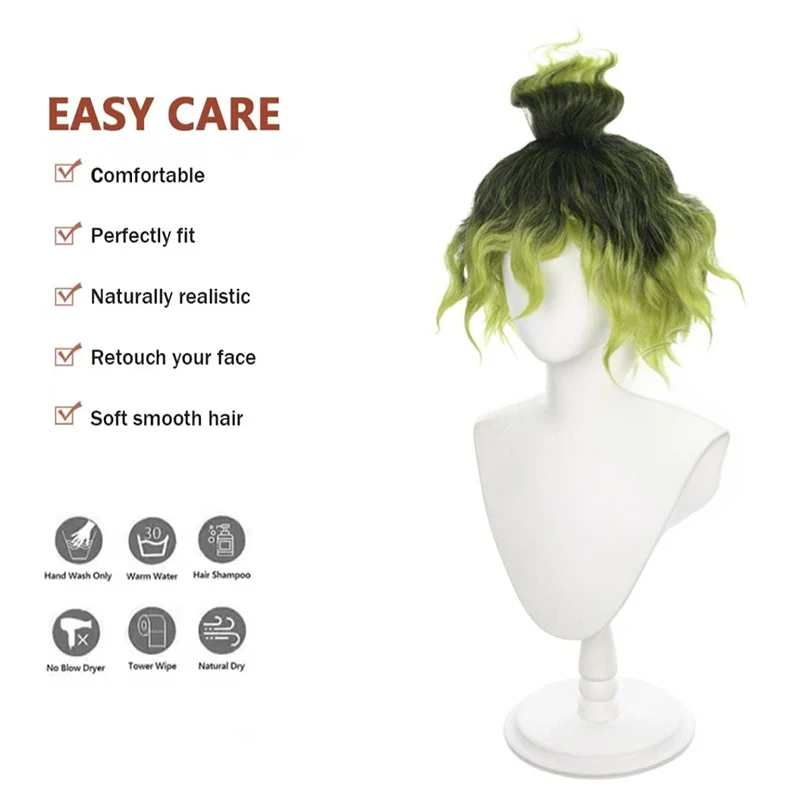 30cm Black Green Ombre Short Curly Cosplay Wig with Top Knot Spiky Fluffy Anime Heat Resistant Wig For Halloween Comic Con Party