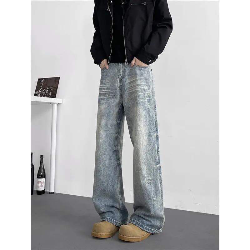 

Винтажные мужские джинсы с завышенной талией, свободные прямые повседневные длинные брюки, расклешенные брюки в стиле ретро с широкими штанинами для похудения