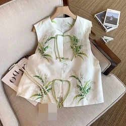Conjunto de chaleco con borlas bordadas y hebilla para mujer, camisa con cuello de pie, estilo chino, primavera 2024