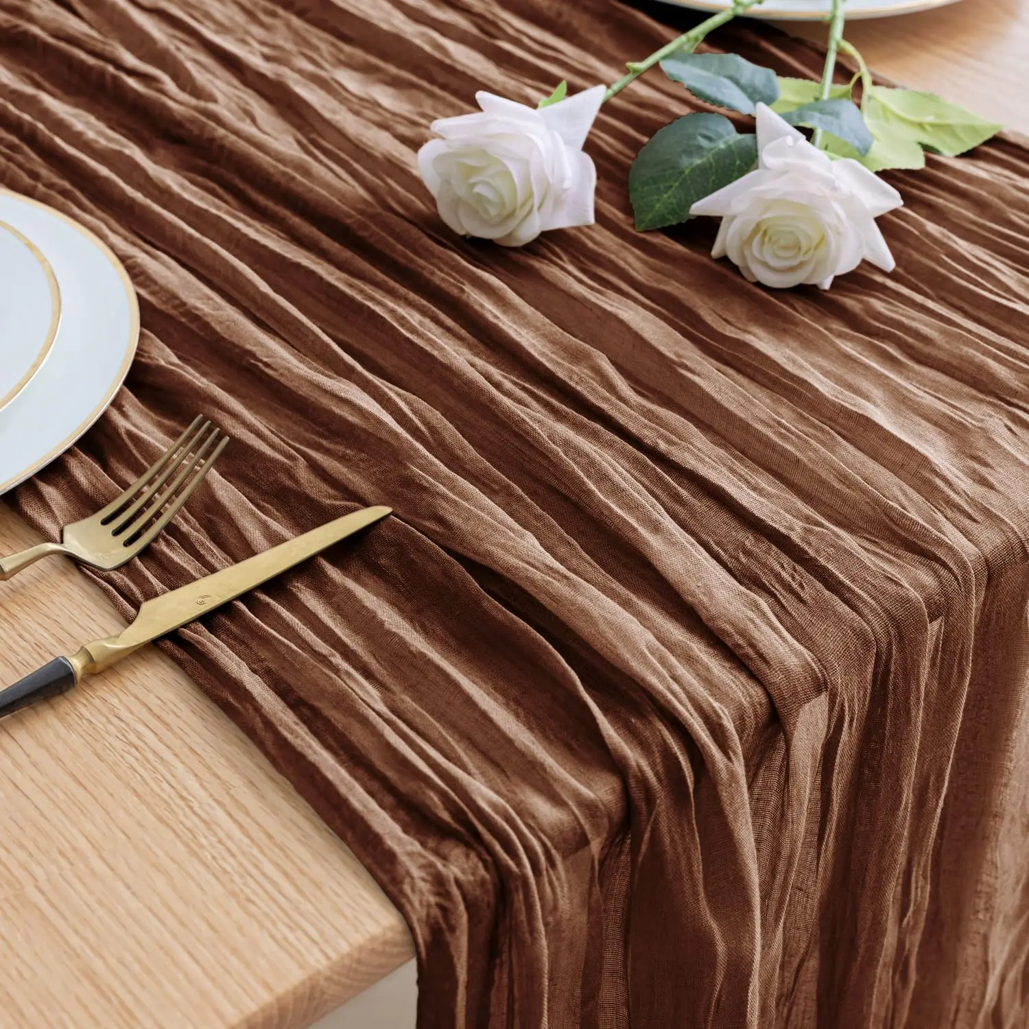 90x300cm Brown Cheesecloth Table Runners Boho Sheer Tablecloth for Wedding Shower Birthday Bridal Party Home Dinning Decoration