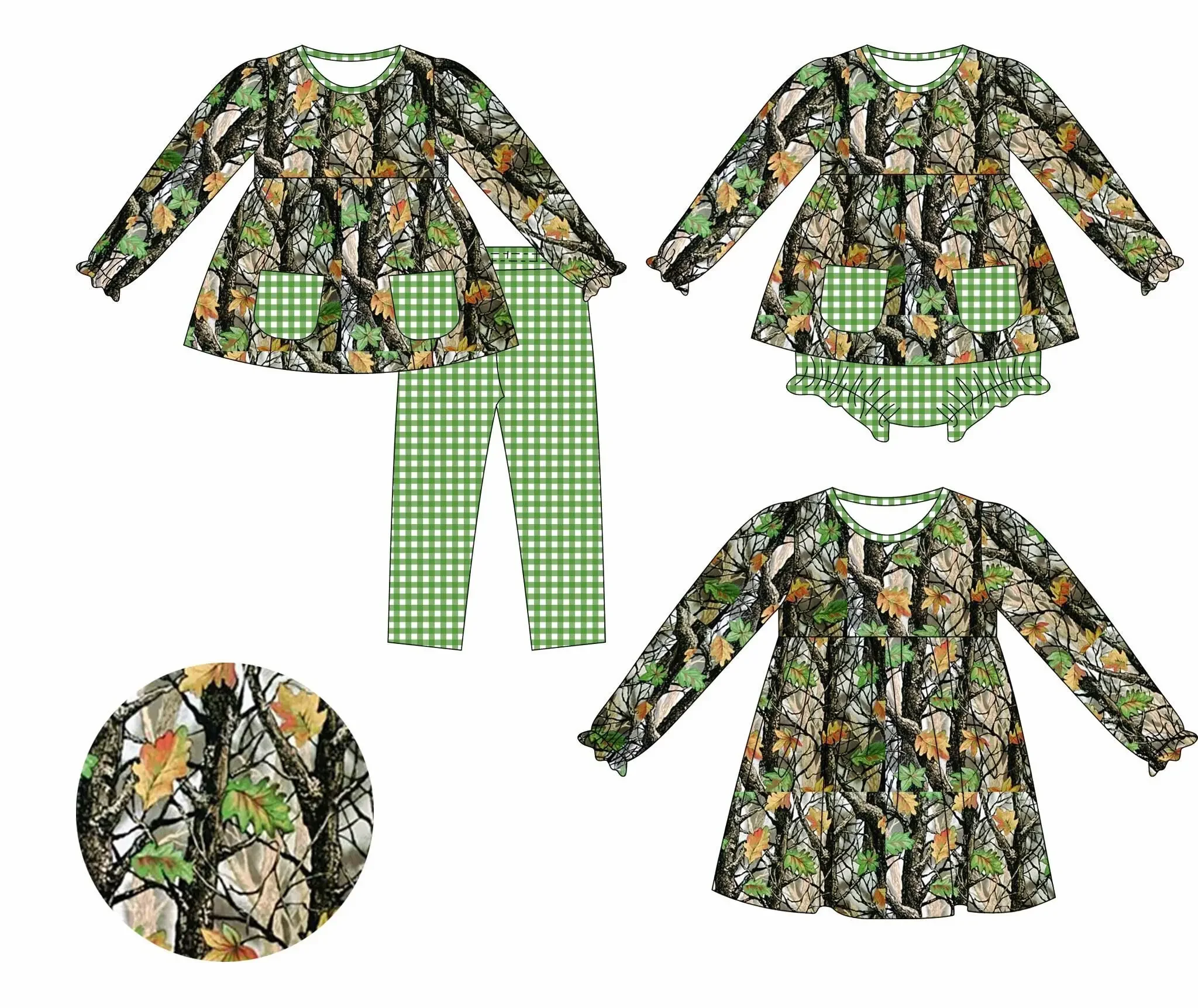 

New high-quality children's set long-sleeved elastic branch printed trousers plaid girl set baby baby pants set dress