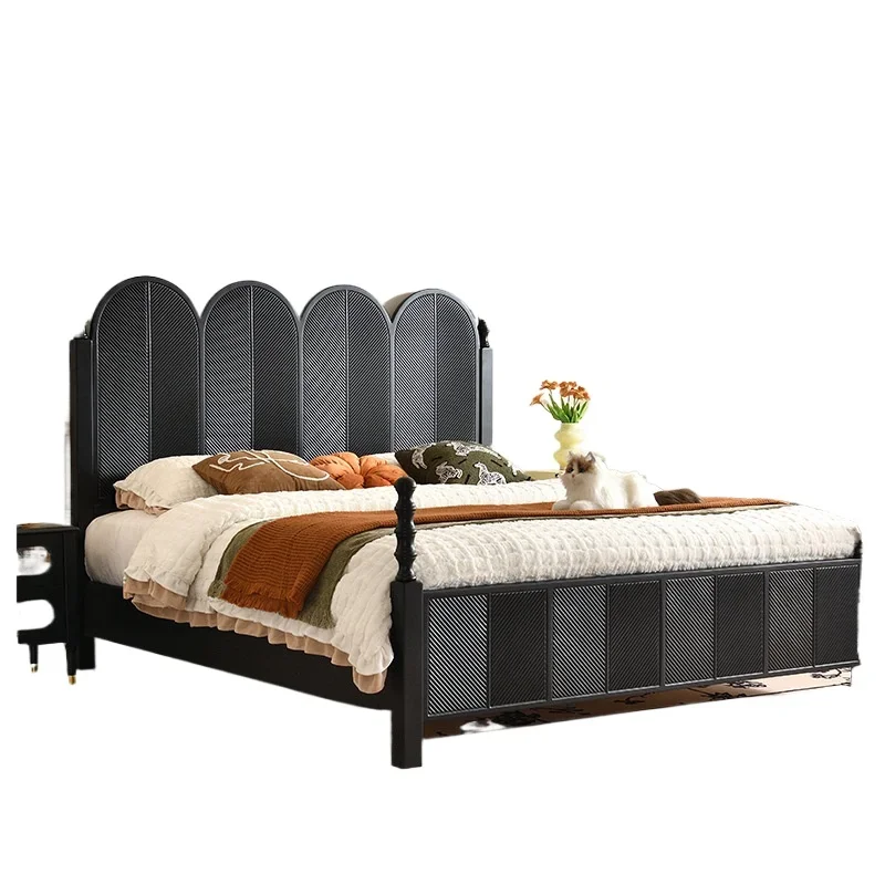French retro, medieval style, all solid wood double bed, Roman pillar black, American light luxury bed