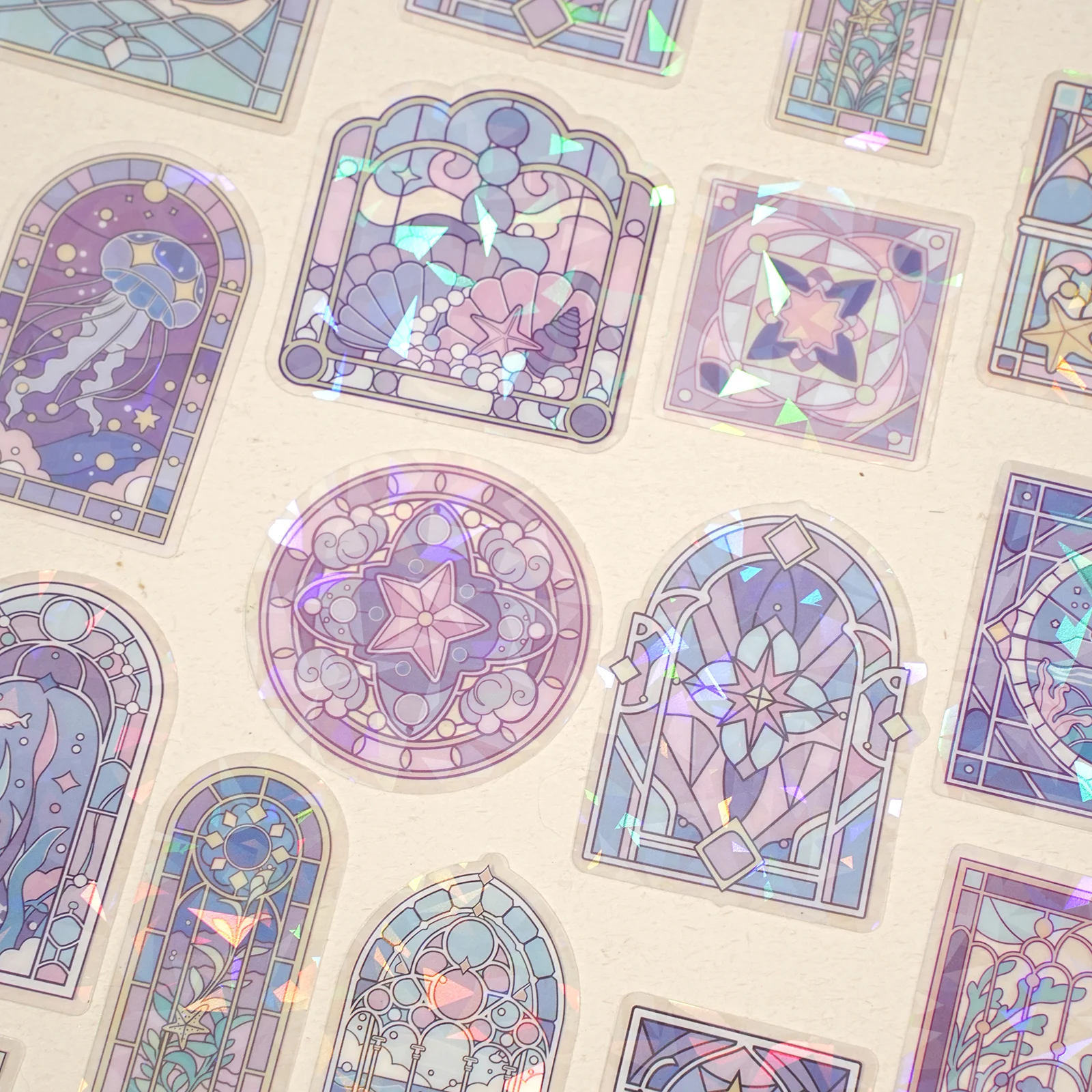 Etori Life 15Pcs Purple-Toned Ocean Window Pattern Pet Sticker Pack, Underwater Creature Stained Glass Window Design DIY Scrapbooking Material Suitable for Laptops, Phone Backs, Photo Albums, Handbags, Guitars, Sticker Books, Helmets and Bicycles, Postcards and Envelopes, Scrapbooking Supplies, Room Decoration, Art Aesthetics, Die-Cutting Craft, Cycling Decals, Gifts for Friends view 5