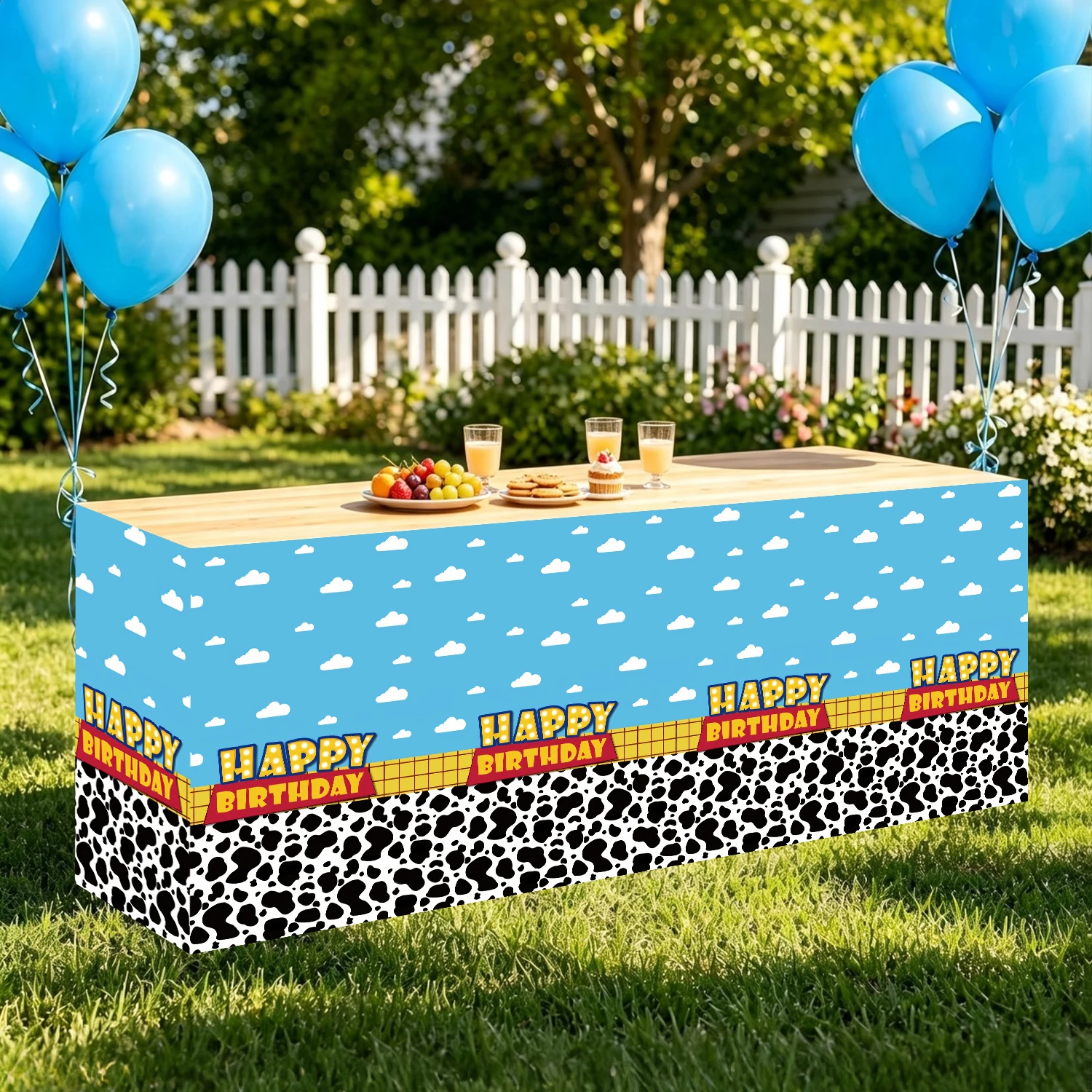 Cartoon Cow Print Happy Birthday Table Skirt Blue Sky White Cloud Elastic Table Cover Kids Boys Birthday Party Dessert Table Dec