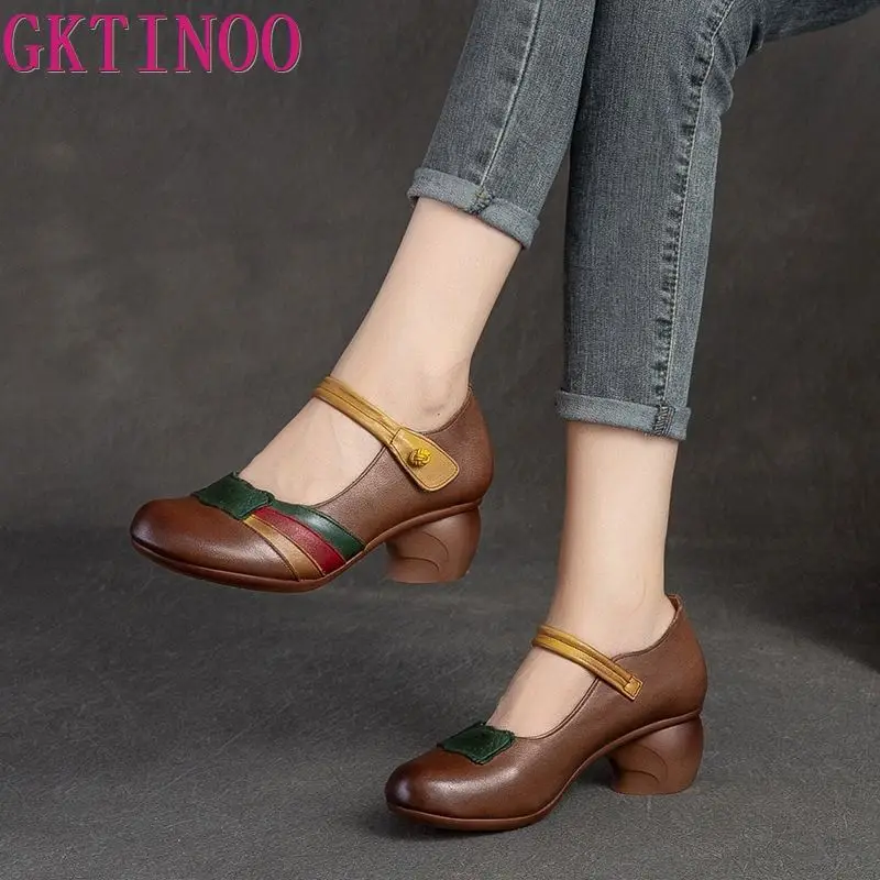 GKTINOO 2024 Spring Autumn New Retro Genuine Leather Platform Shoes Women\'s Pumps High Heel Soft Bottom Shoes Women Designers