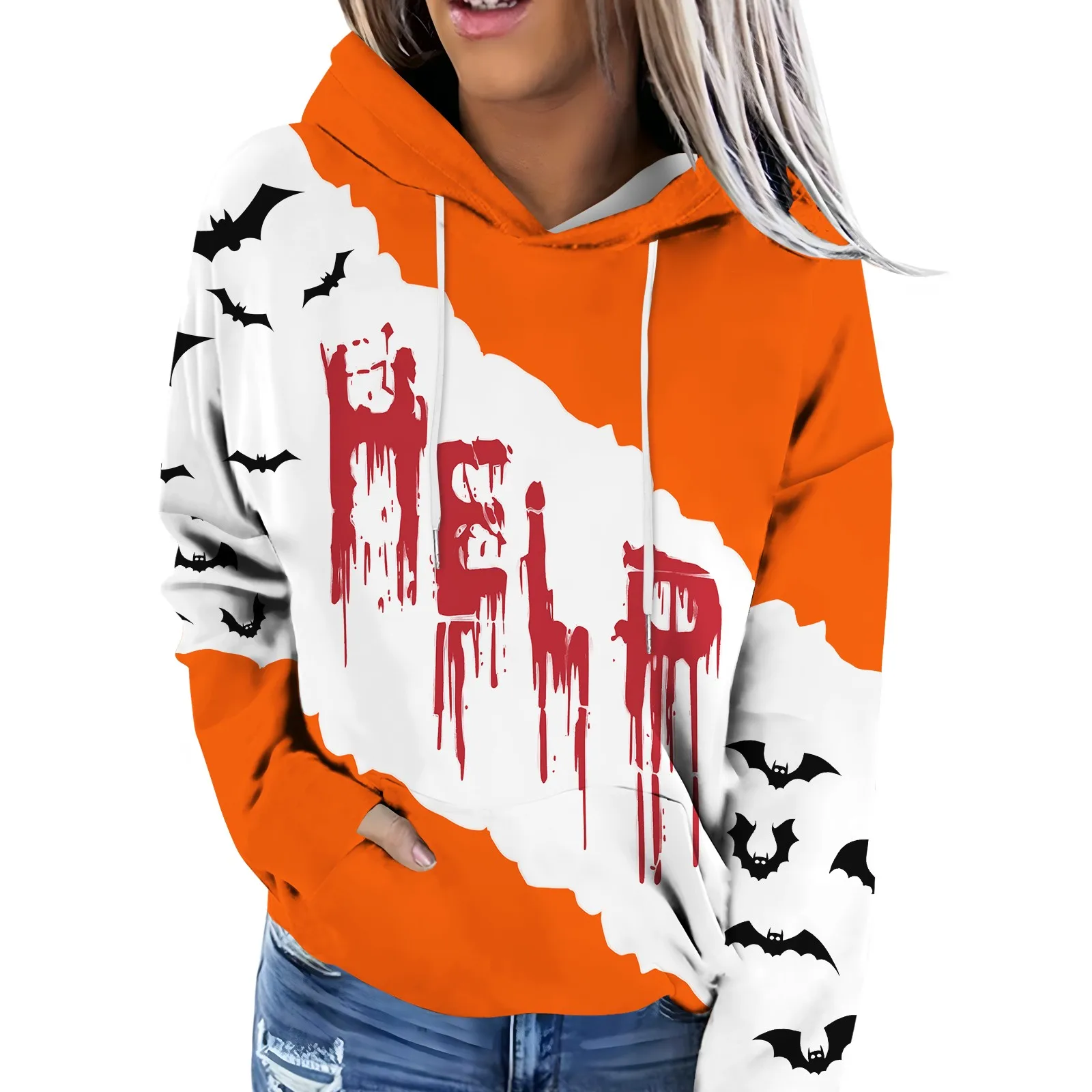 Hoodie Women\'S Halloween Printed Long Sleeved Sports Shirt Casual Party Costume Hooded Pullover With Pocket