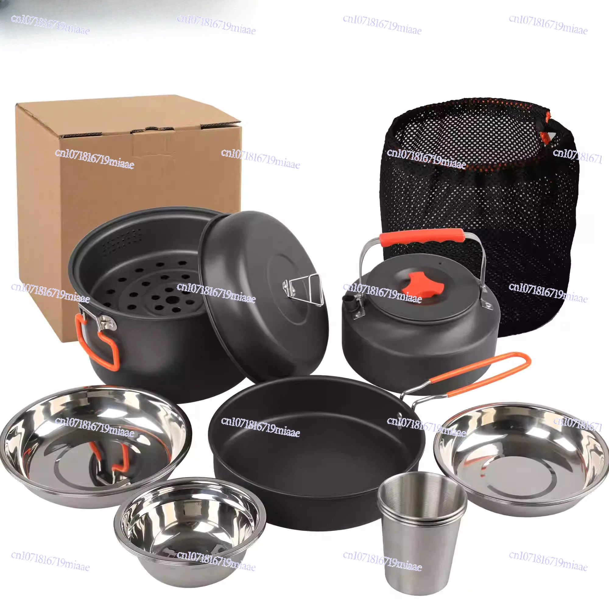 Outdoor Camping Set Pot Binaural Steamer Plus 1.6L Kettle Frying Pan Stainless Steel Plate Water Cup