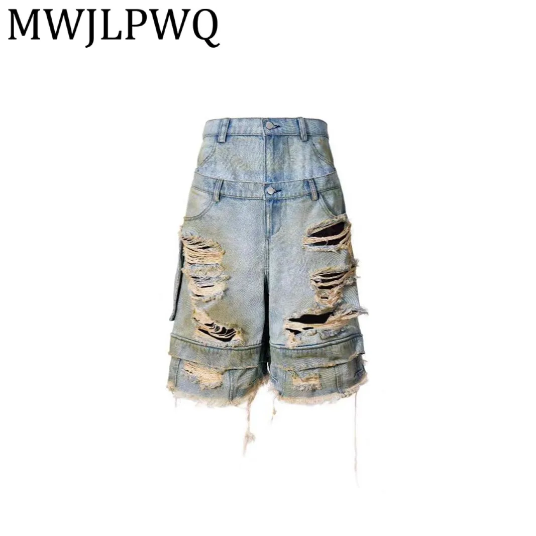 

MWJLPWQ American Style Washed Vintage Simple Denim Shorts Male High Street Hole Design Casual Loose Pants 2025 Summer New 12571