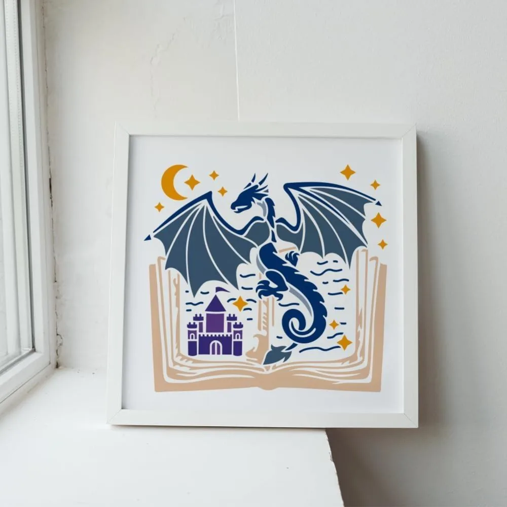 Dragon Fairy Book Stencil 11.8×11.8inch Large Castle Medieval Dragon Book Stencil with Paint Brush Dreamy Castle Moon Star Wall - view 3