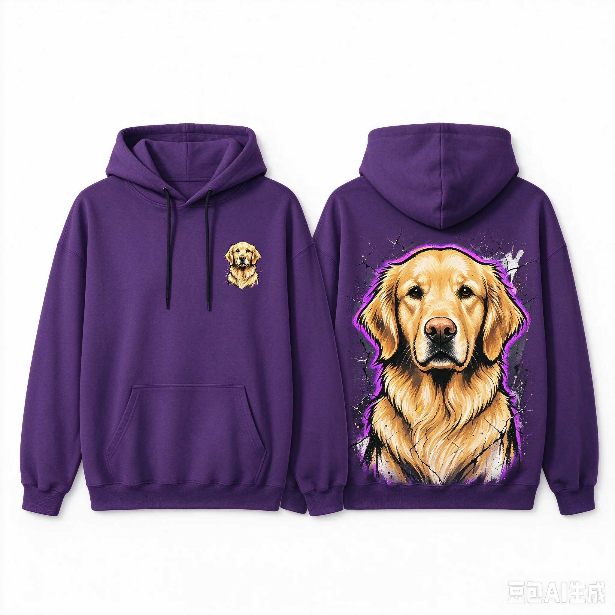 Men's Loose Drawstring Hoodie, Right Chest Small Golden Retriever Logo, Back Big Golden Retriever Head Graphic Pullover, Streetw