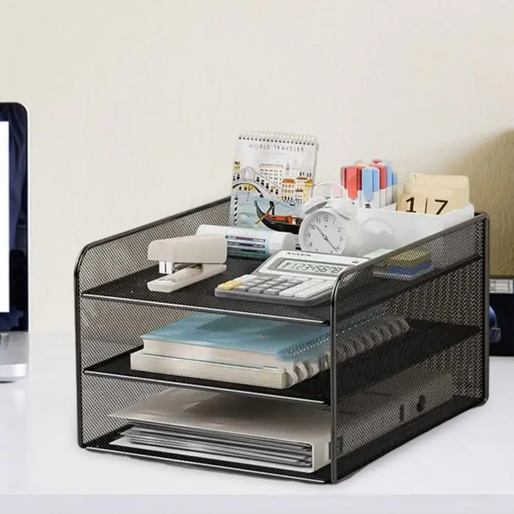 Desktop File Organizer Capacity Metal Mesh Desk Organizer with Three Layer Design Multifunctional File Holder Paper Storage Rack