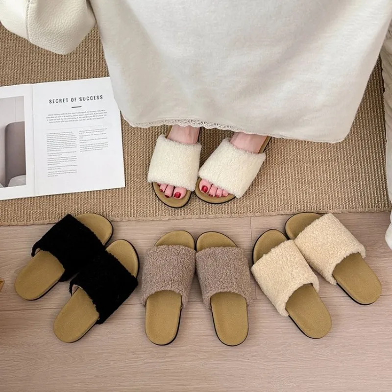 Fall/Winter Open-Toe Women's Indoor Soft Fur Plush Padded Flat Slippers - Women's Fur Home Slippers Trendy Short Fur Upper Shoes