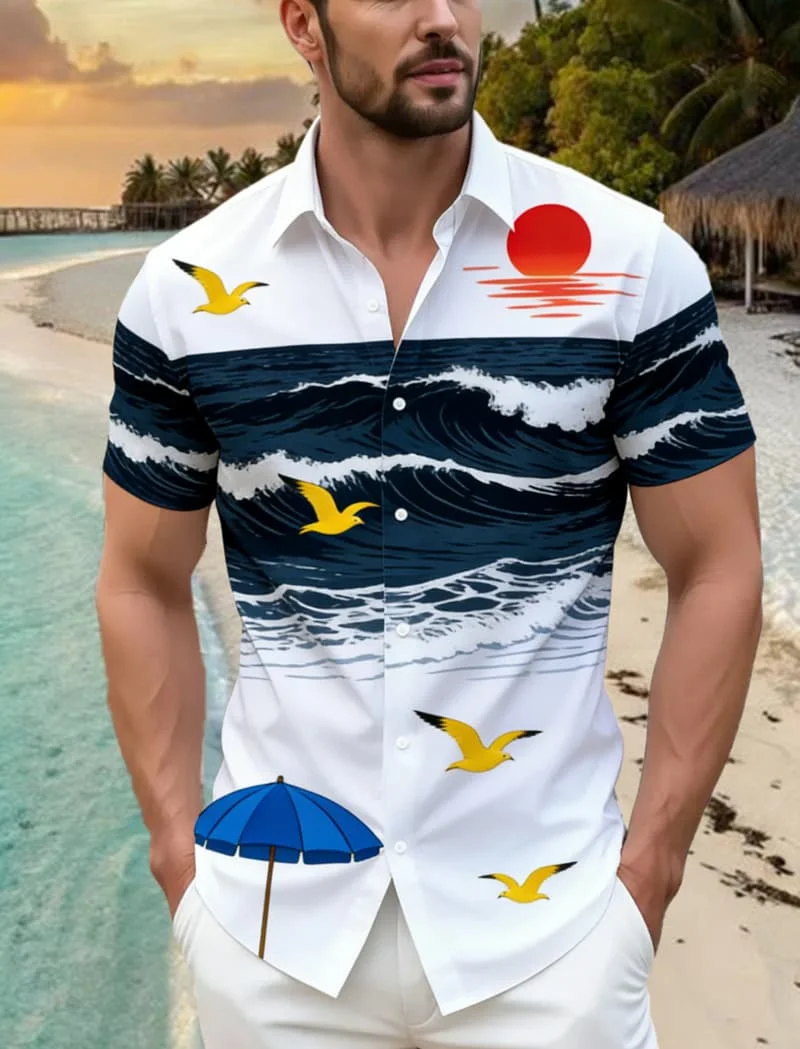 Men's Luxury Stylish Premium Getaway Print Short Sleeve Shirt Casual Fashion For Vacation Styling And Summer Events