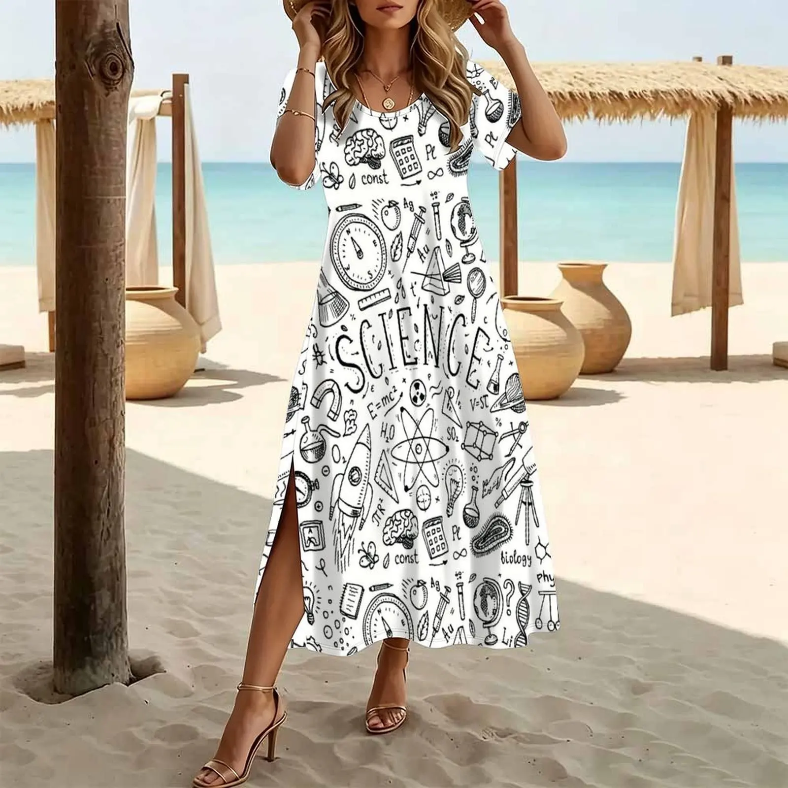 Science class Women's Round Neck Short Sleeve Split Long Dress