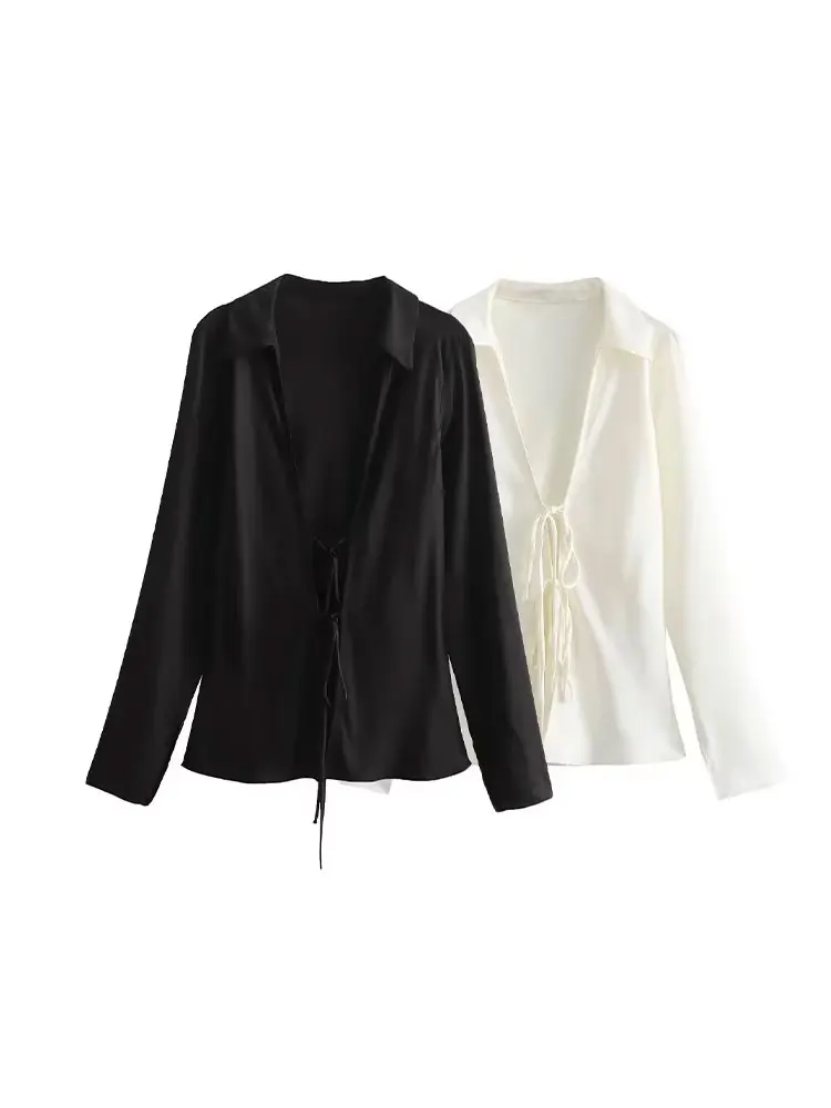 HH 2024 Female Sexy Vintage Blouse Satin Long Sleeves V-Neck Bow Street Fashion Slim Solid Tie-Up New Chic Shirts Tops