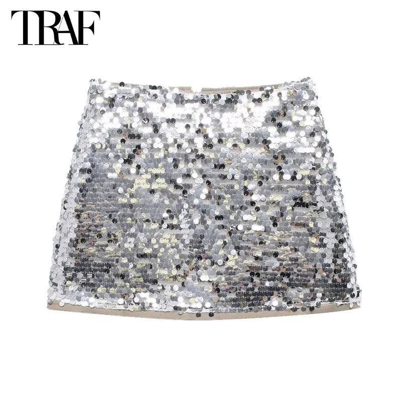 

TRAF Sequin Mini Skirt Woman High Waist Short Skirts for Women 2024 Glitter Summer Women's Skirts Streetwear Fashion Skirt Women