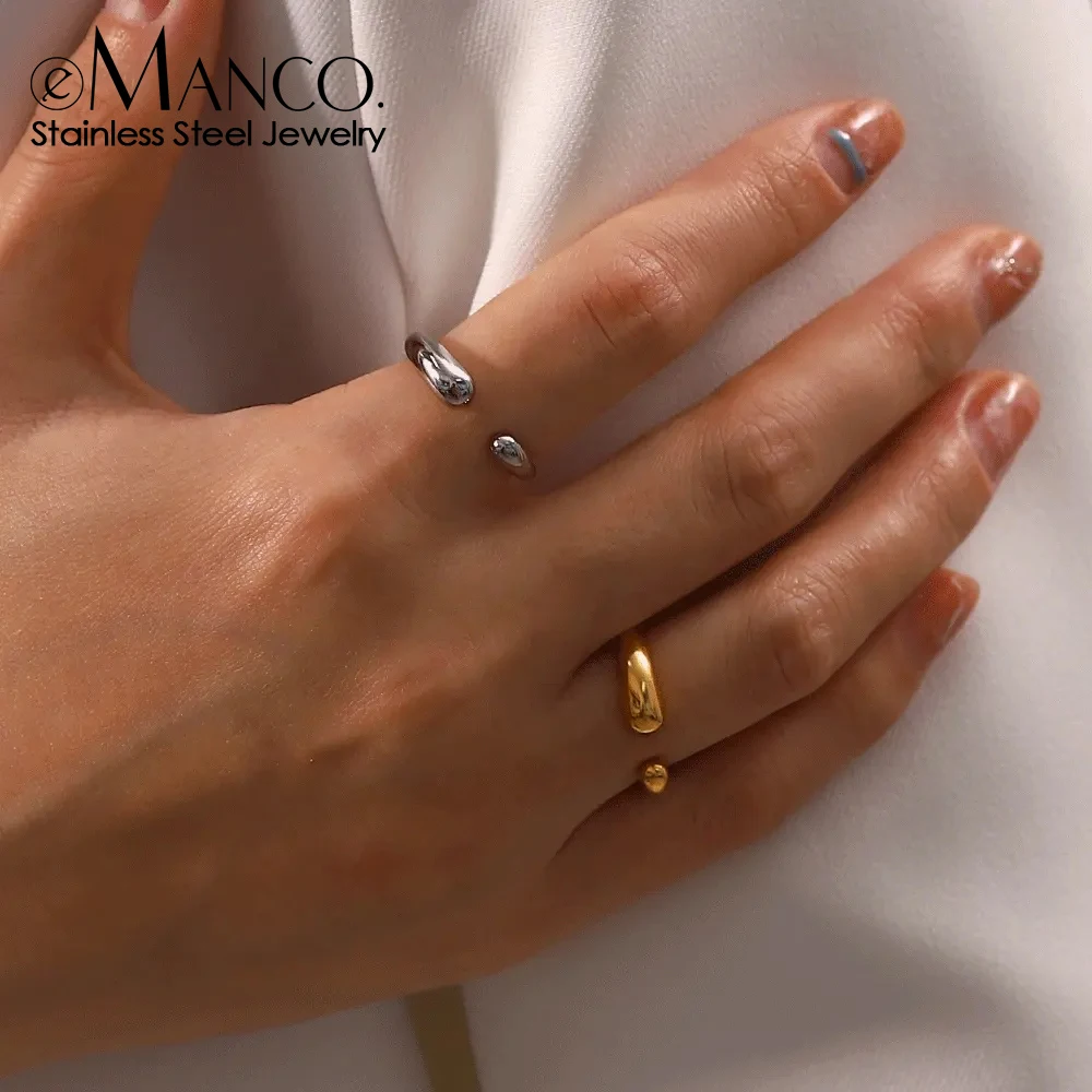 eManco Fashion Retro Golden Silver Color Stainless Steel Ring Trend Double Water Drop Opening Adjustable Rings for Women Jewelry