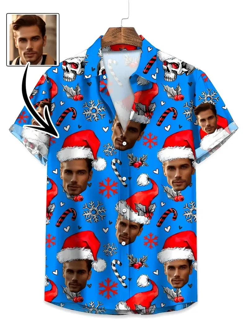 Full Print Custom Photo Beach Shirts For Men Christmas Pattern Short Sleeve Button Hawaiian Shirts Clohtes Men's Aloha Shirt