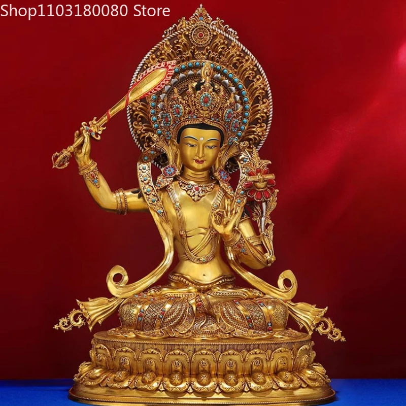 Nepal Copper Brass gilt Manjusri Bodhisattva buddha statue Tibet buddhism Tantra sculpture Temple home decor Large size