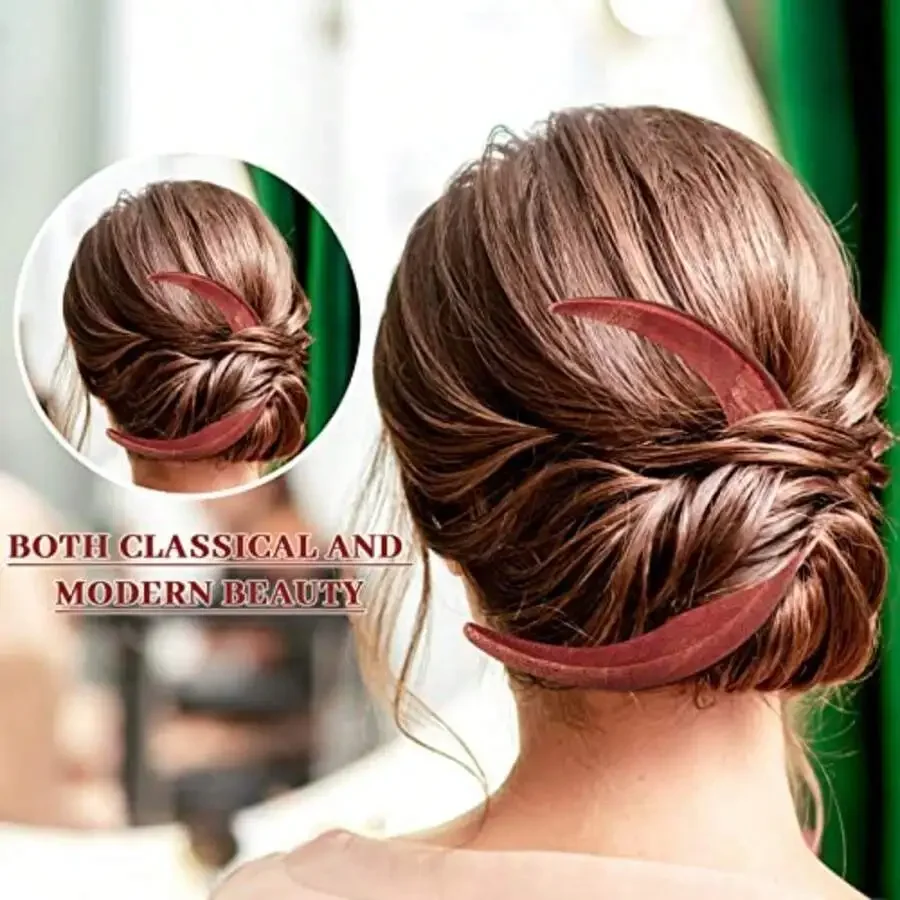 

3 Pcs Moon Shape Wooden Hair Pins For Women Hand Carved Hair Accessories Red Black Brown
